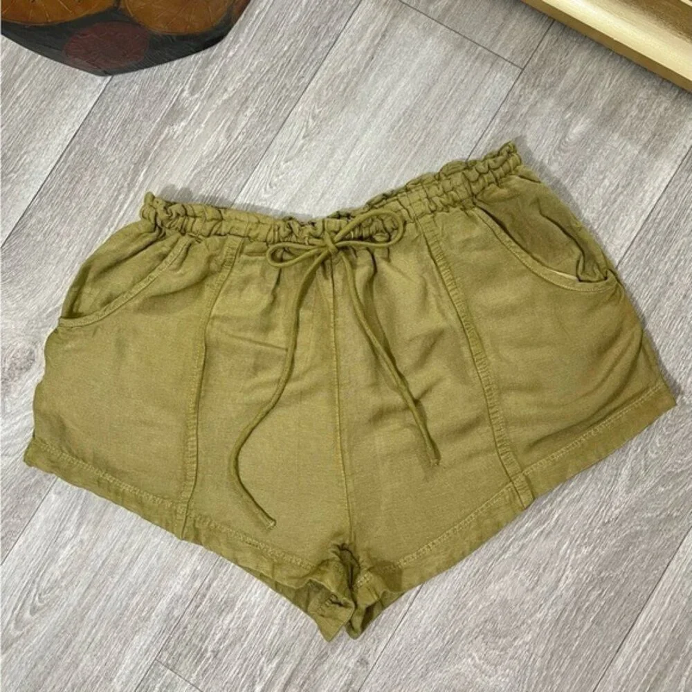 Free People Mirella Linen & Cotton Drawstring Shorts in Olive‎ Green Size S